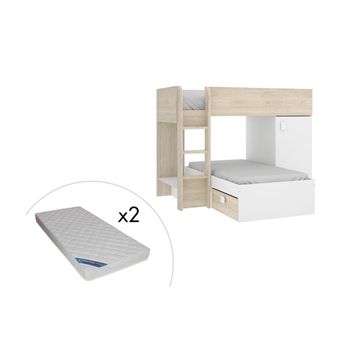 Cama Alta con Escritorio efecto madera blanca - 90x200 - Snoozy