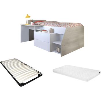 Cama Alta Ii con Escritorio, Sofá Cama y Compartimentos VENTE-UNIQUE  Goliath (Blanco - 90x200 cm)