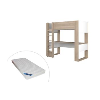 Cama Alta con Escritorio efecto madera blanca - 90x200 - Snoozy