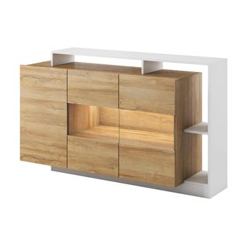 Aparador alto con 4 puertas de MDF y metal color natural claro y negro -  LOBNA