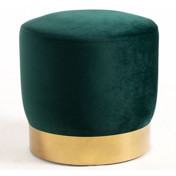 Puff Redondo De Terciopelo Verde Kila De 39 Cm Con Base De Metal Dorado Mate