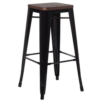 Taburete Kontoir De Acero Negro Brillante Y Asiento De Pino Macizo Oscuro 76 Cm