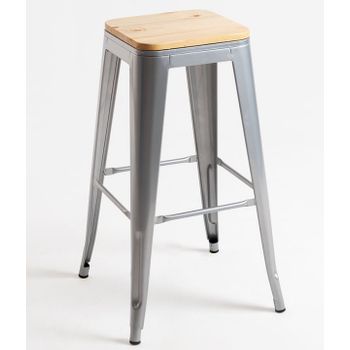 Taburete Kontoir 76 Cm De Acero Cepillado Con Asiento De Pino Macizo De Color Claro