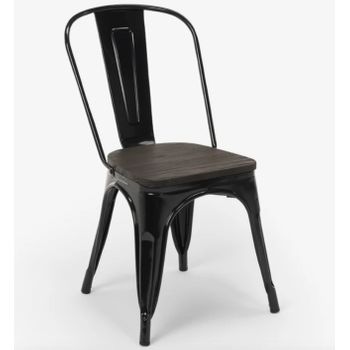 Silla Industrial Kontoir De Acero Negro Brillante Y Asiento De Pino Macizo Oscuro