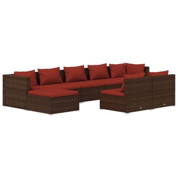 Set Muebles De Jardín 9 Piezas Y Cojines Ratán Sintético Marrón