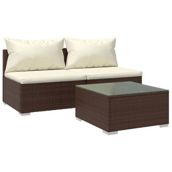 Set Muebles De Jardín 3 Piezas Y Cojines Ratán Sintético Marrón