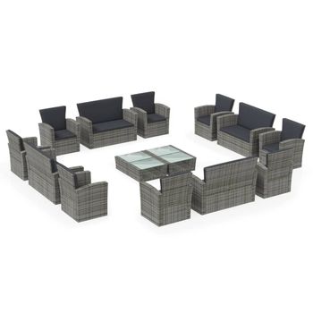 Set De Muebles De Jardín 16 Pzas Y Cojines Ratán Sintético Gris