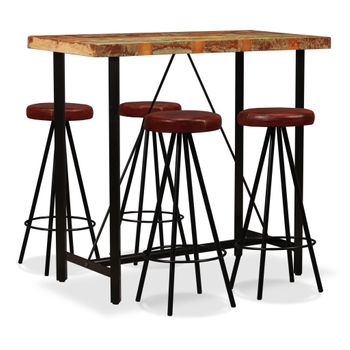 Set Muebles De Bar 5 Pzas Madera Maciza Reciclada Cuero Genuino Marrón