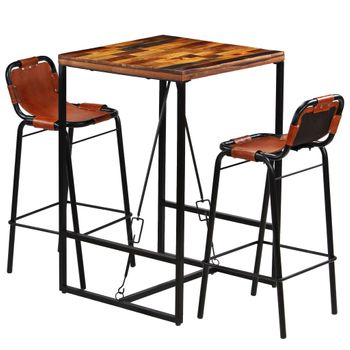 Set Muebles Bar 3 Piezas Madera Maciza Reciclada Y Cuero Cabra Marrón