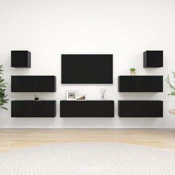 Set De Muebles De Salón Tv 7 Piezas Madera Ingeniería Negro