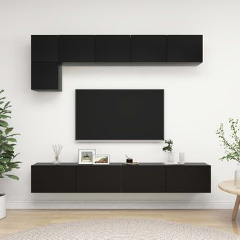 Set De Muebles De Salón Tv 5 Pzas Madera De Ingeniería Negro