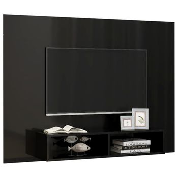 Mueble Tv De Pared Contrachapado Negro Brillante 135x23,5x90 Cm