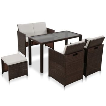 Set Comedor De Jardín 6 Piezas Y Cojines Ratán Sintético Marrón