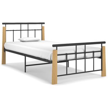 Estructura De Cama Metal Y Madera Maciza De Roble 90x200 Cm Negro