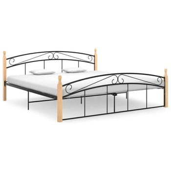 Estructura De Cama Metal Y Madera Maciza De Roble 180x200 Cm Negro