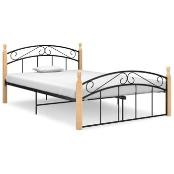 Estructura De Cama Metal Y Madera Maciza De Roble 140x200 Cm Negro