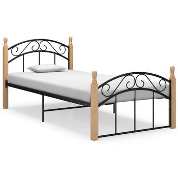 Estructura De Cama Metal Y Madera Maciza De Roble 100x200 Cm Negro