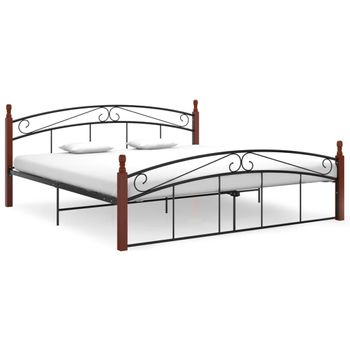 Estructura De Cama Metal Y Madera Maciza De Roble 180x200 Cm Negro