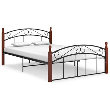 Estructura De Cama Metal Y Madera Maciza De Roble 140x200 Cm Negro