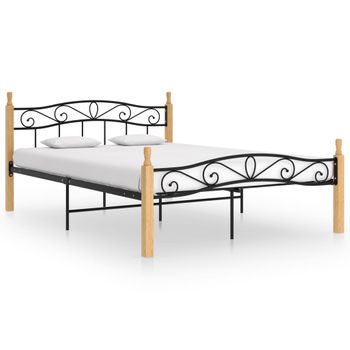 Estructura De Cama Madera Maciza Roble Metal Negro 160x200 Cm