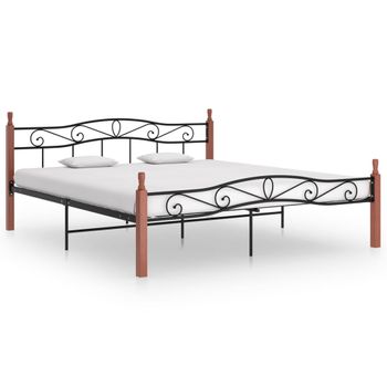 Estructura De Cama Metal Y Madera Maciza De Roble 180x200 Cm Negro