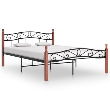 Estructura De Cama Metal Y Madera Maciza De Roble 140x200 Cm Negro