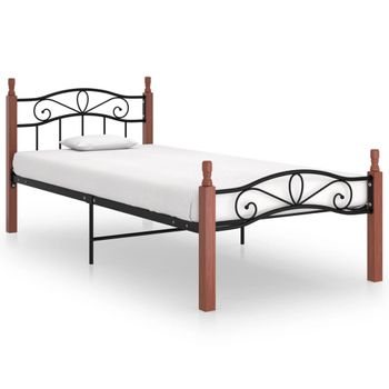 Estructura De Cama Metal Y Madera Maciza De Roble 90x200 Cm Negro