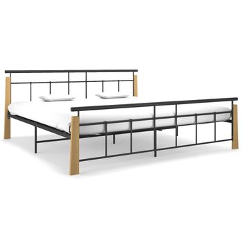 Estructura De Cama Metal Y Madera Maciza De Roble 200x200 Cm Negro