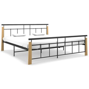 Estructura De Cama Metal Y Madera Maciza De Roble 180x200 Cm Negro