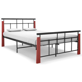 Estructura De Cama Metal Y Madera Maciza De Roble 130x200 Cm Negro