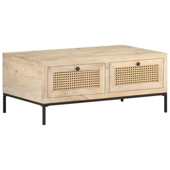 Mesa De Centro Madera Maciza Mango Y Caña Natural 90x50x37 Cm Marrón