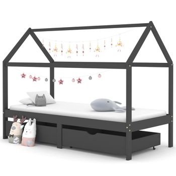 Estructura De Cama Infantil Y Cajones Madera Pino Gris 90x200cm