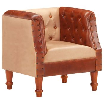 Sillón Cúbico De Cuero Auténtico Y Madera Maciza Mango Marrón