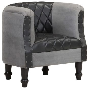 Sillón Cúbico De Cuero Auténtico Y Madera Maciza Mango Negro