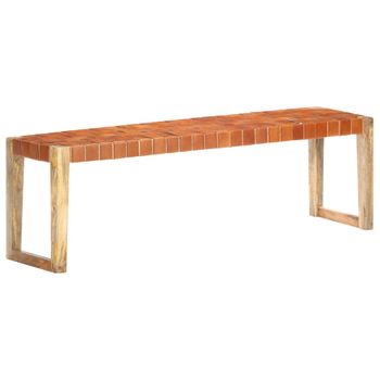 Banco De Cuero Auténtico Marrón Y Madera De Mango Maciza 150 Cm