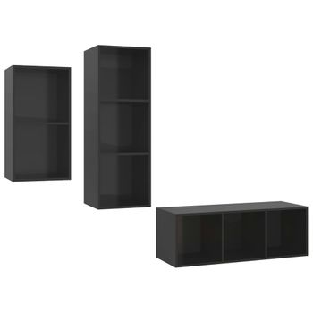 Set De Mueble Para Tv 3 Pzas Madera Contrachapada Negro Brillo