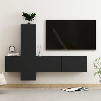 Set De Muebles De Salón Tv 3 Pzas Madera De Ingeniería Negro