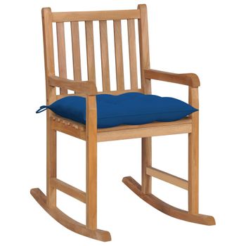 Silla Mecedora De Madera Maciza De Teca Con Cojín Azul Marrón