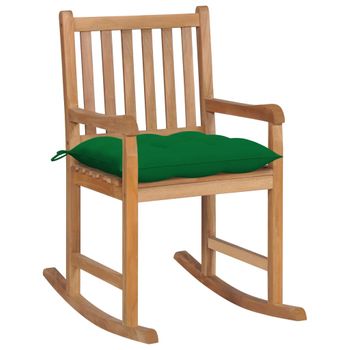 Silla Mecedora De Madera Maciza De Teca Con Cojín Verde Marrón