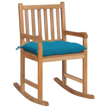 Silla Mecedora De Madera Maciza De Teca Con Cojín Azul Claro Marrón