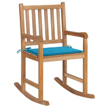 Silla Mecedora De Madera Maciza De Teca Con Cojín Azul Marrón