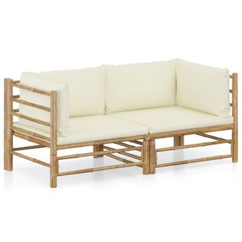 Set De Muebles De Jardín 2 Piezas Bambú Y Cojines Blanco Crema