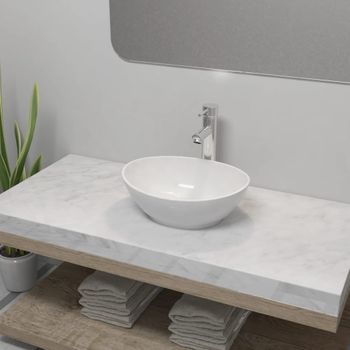 Lavabo De Baño Con Grifo Mezclador Cerámica Ovalado Blanco