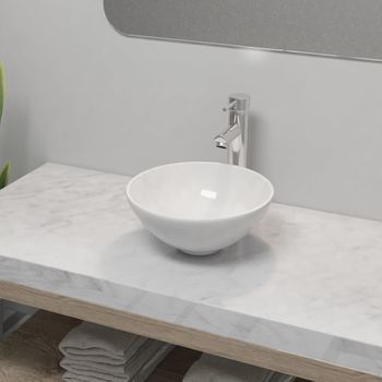 Lavabo De Baño Con Grifo Mezclador Cerámica Redondo Blanco