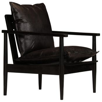 Sillón De Cuero Auténtico Negro Con Madera De Acacia