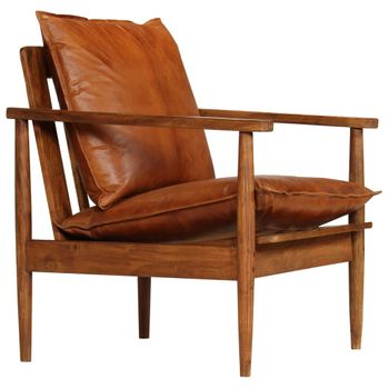 Sillón De Cuero Auténtico Marrón Con Madera De Acacia