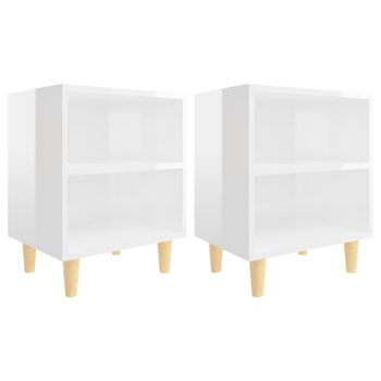 Mesitas De Noche Patas Madera 2 Uds Blanco Brillo 40x30x50 Cm