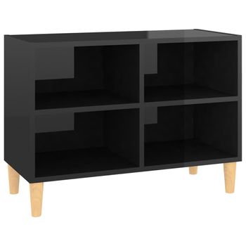 Mueble De Tv Patas De Madera Maciza Negro Brillo 69,5x30x50 Cm