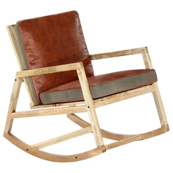 Silla Mecedora De Cuero Auténtico Y Madera Mango Maciza Marrón