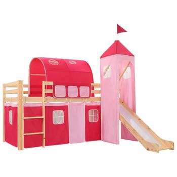 Cama Alta Para Niños Tobogán Y Escalera Madera Pino 208x230 Cm Rosa